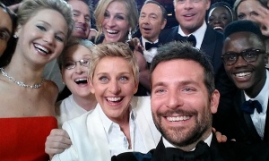Most retweeted selfie ever. Take at 2014 Oscars by Bradley Cooper and Ellen De Generes.